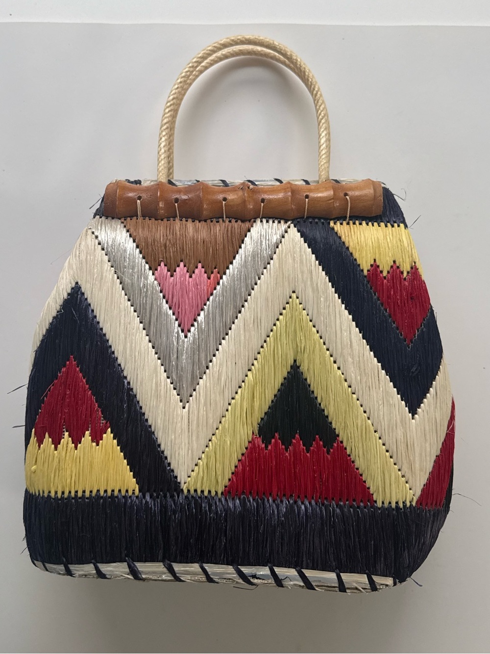 VINTAGE COLORFUL SYNTHETIC STRAW PURSE WITH BAMBOO TRIM AND ROPE HANDLES